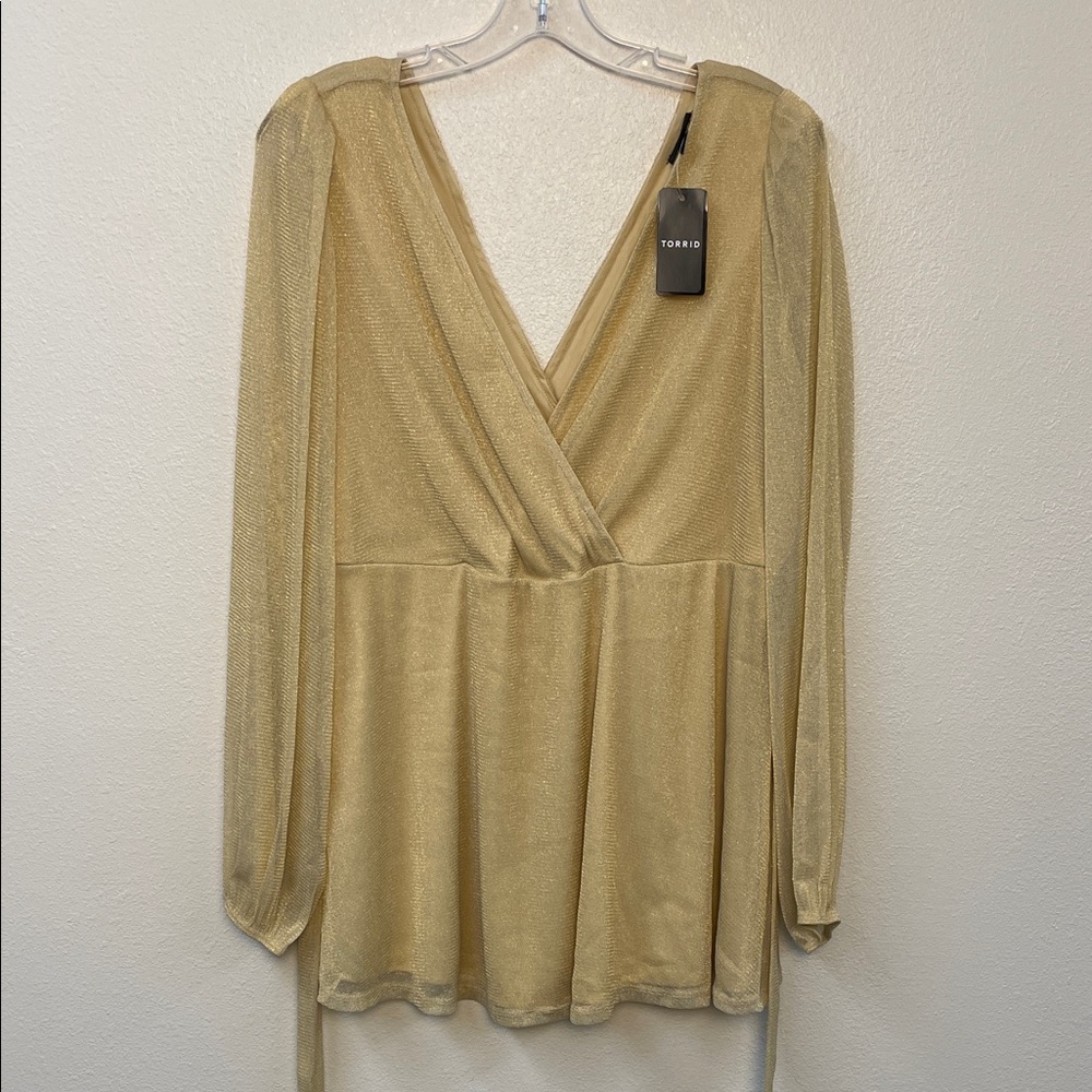 NWT Surplice V-neck Empire Waist Shimmering Gold Stretchy Long Sleeve Blouse XL